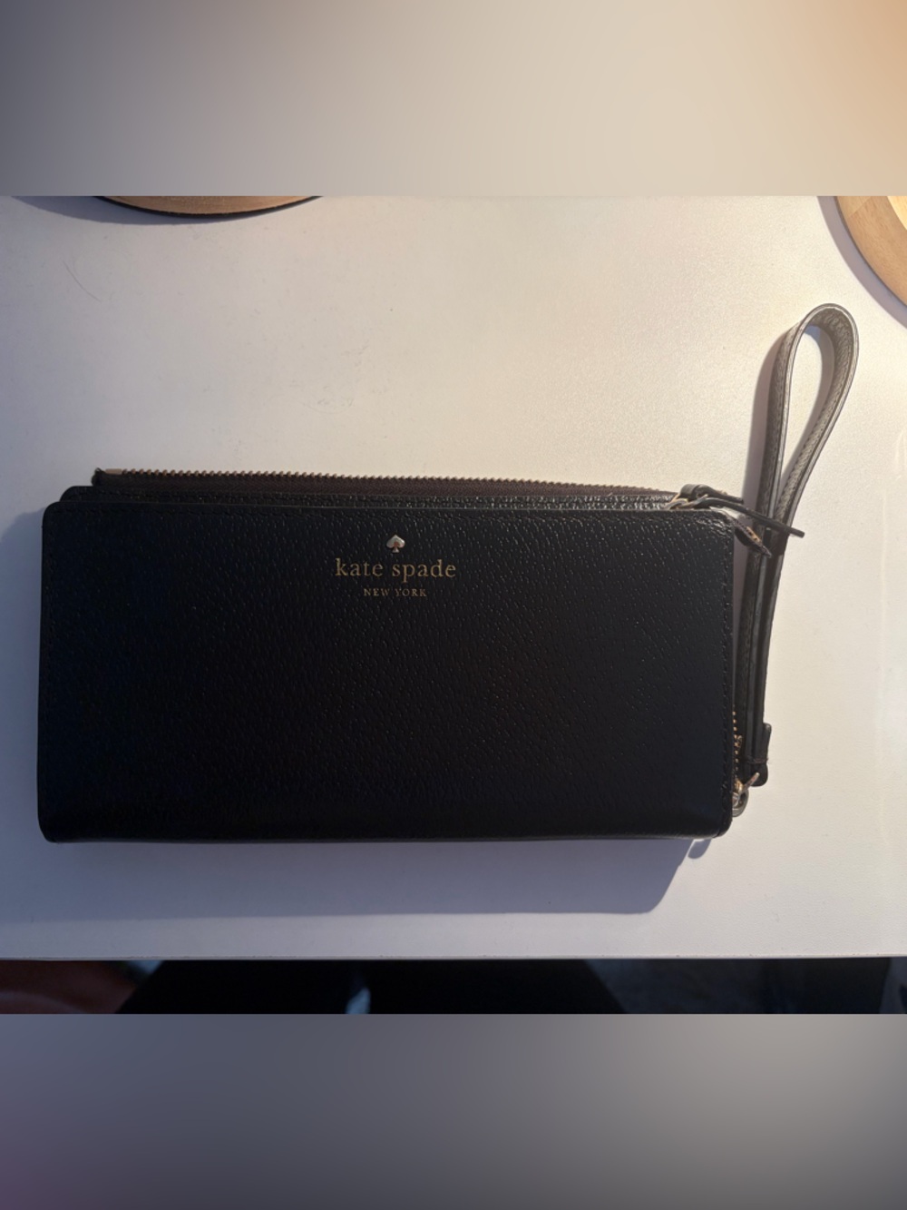 kate spade Black Leather Zip Wristlet Wallet with Gold Logo